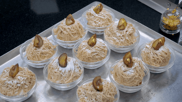 Chestnut decoration on Mont Blanc dessert