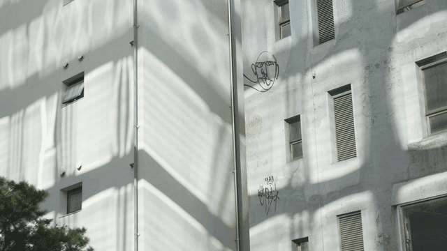 Sunlight casting shadows on a building wall