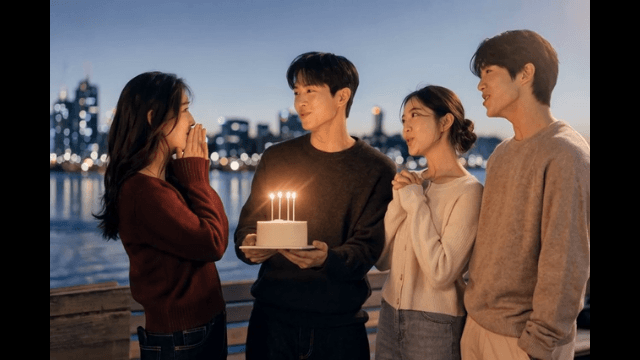 Friends celebrating a birthday by the river