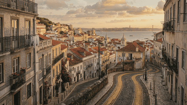 Sunset view of European coastal village