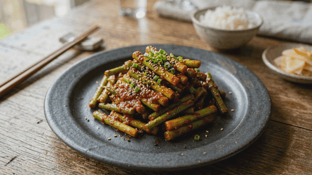 Seasoned garlic stems on simple table