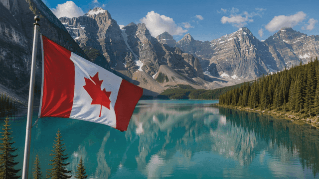 Canadian flag next to tranquil mountain lake