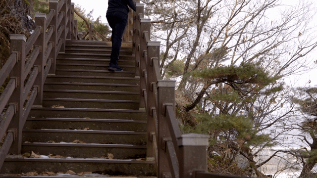 야외 나무 계단을 오르는 사람