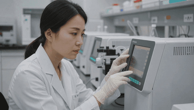 실험실 기계를 조작하는 여성 과학자