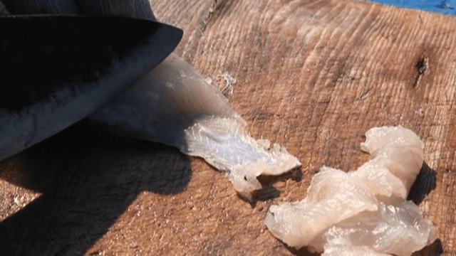 나무 도마 위에서 회를 뜨는 모습