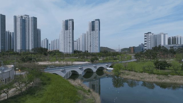 Lake park with modern high-rise buildings