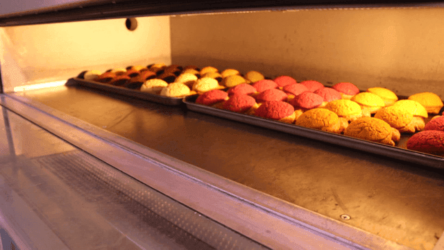 오븐에서 구워지는 알록달록한 빵