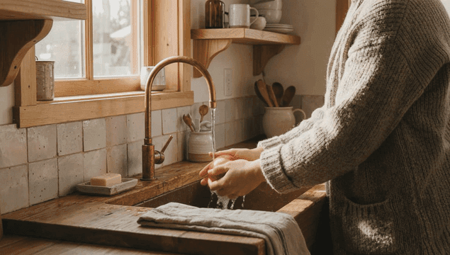 아늑한 주방에서 사과를 씻는 모습