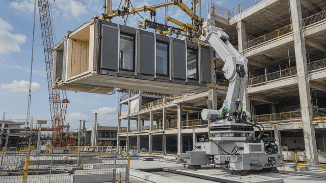 Giant robotic arm lifting modular buildings