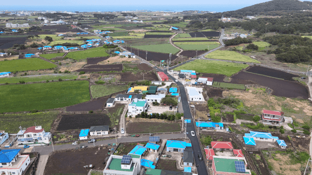 Rural village with surrounding fields