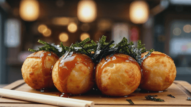 Takoyaki topped with sauce and seaweed flakes