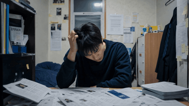 Young man clutching his head at messy desk