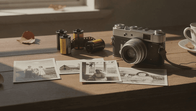 테이블 위의 빈티지 카메라와 오래된 가족 사진