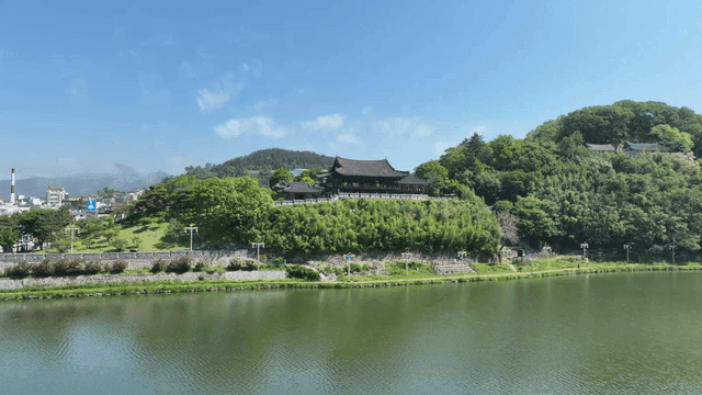 Traditional Hanok pavilion by river