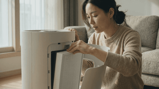 Woman replacing air purifier filter