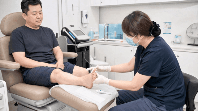 Men receiving treatment for athlete's foot