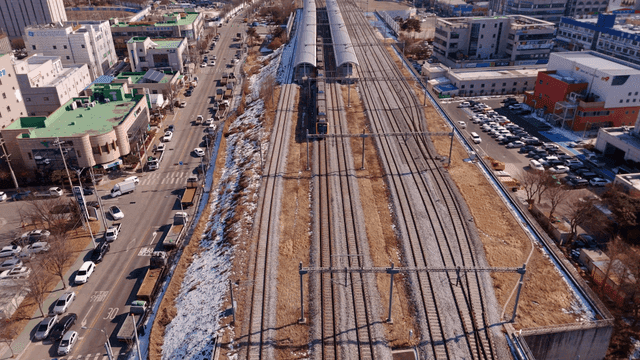 Train passing through an urban area