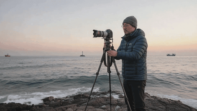 Photographer capturing the ocean at dawn