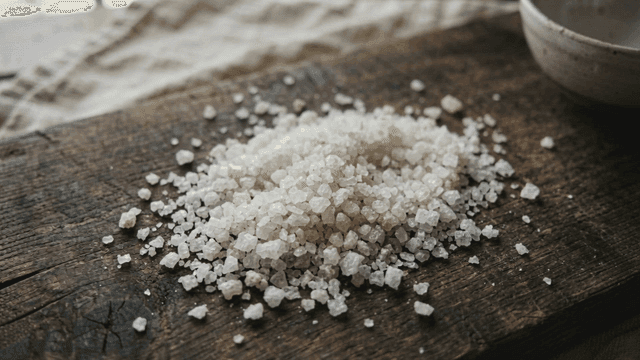Coarse salt on a rustic wooden board