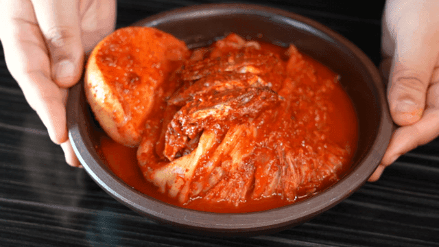 Kimchi in a bowl on a table