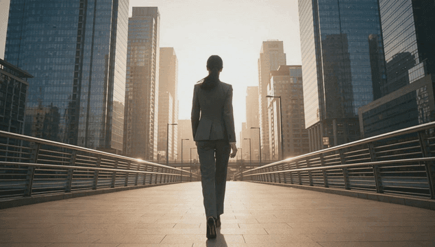 Back view of a working woman walking on a city bridge