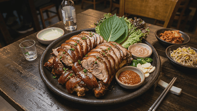 Table with delicious pig's trotters and side dishes
