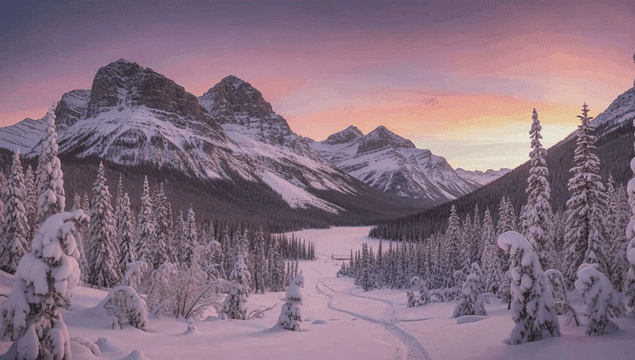 Snow-covered mountains before dawn