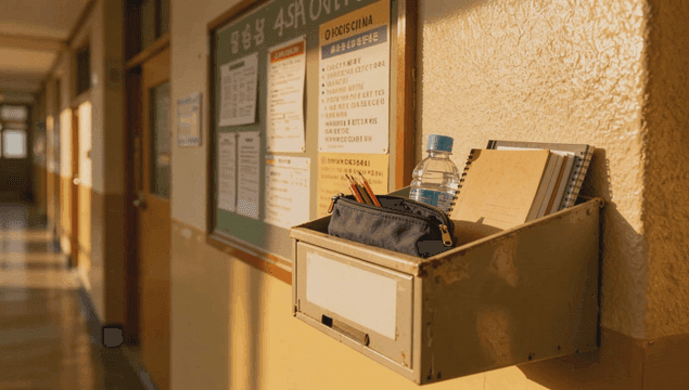 해질녘에 문구류가 쌓여 있는 학교 복도