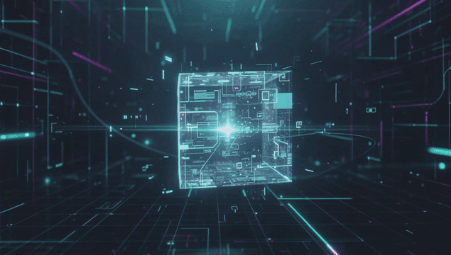 Glowing digital cube in a virtual space