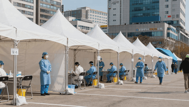 의료진이 있는 야외 코로나19 검사소