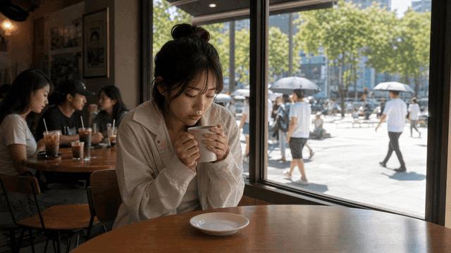 Woman drinking hot coffee at sunny summer cafe