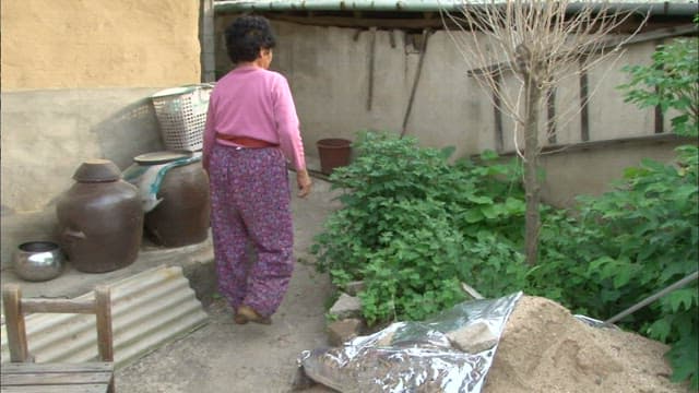 Elderly woman tending to a garden in his yard