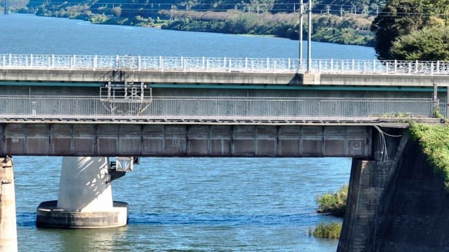 Cyclists crossing a bridge over a river