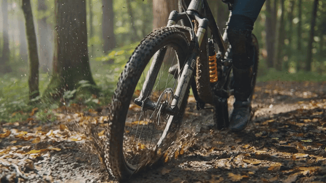 Mountain biking through a forest trail