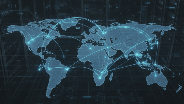 Global network connections on a world map