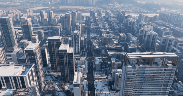 Winter city view along long, straight boulevard