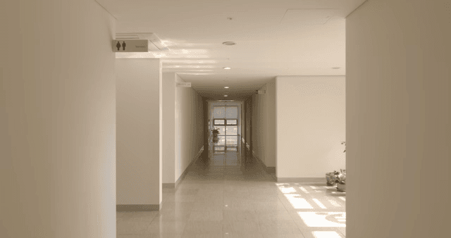 햇빛이 비치는 대학교의 조용한 복도