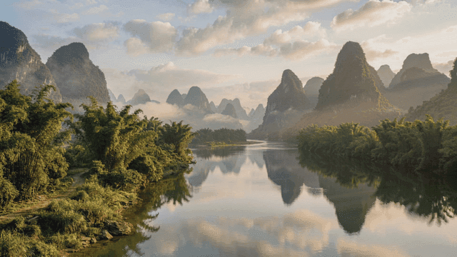 Misty mountains and quiet river