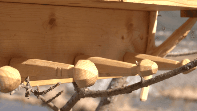 나뭇가지에 있는 나무 거치대 선반