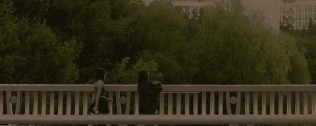 다리 위에서 산책을 즐기는 두 친구