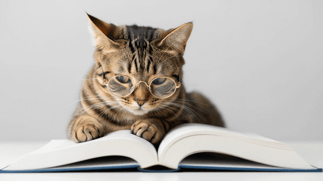 안경을 쓴 고양이가 책을 읽는 모습