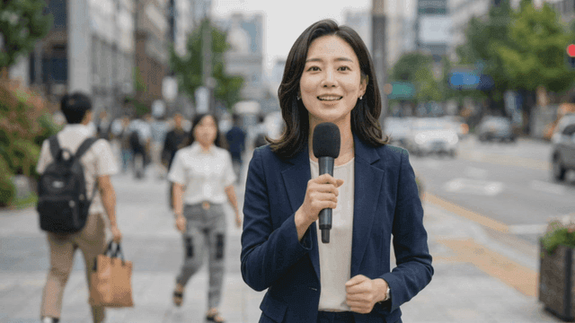 Reporter speaking into microphone on city street