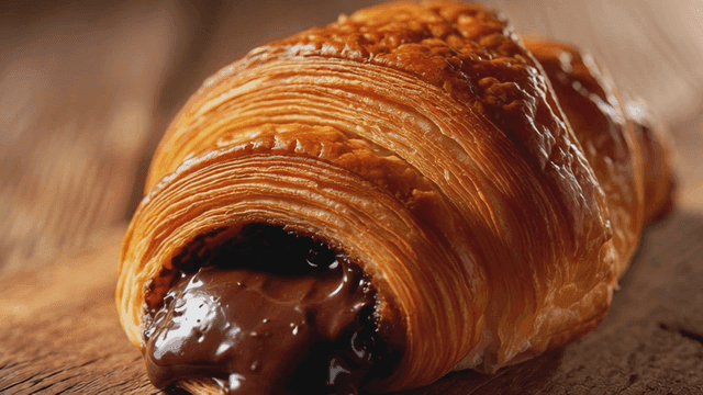 Chocolate-filled croissant on a wooden board
