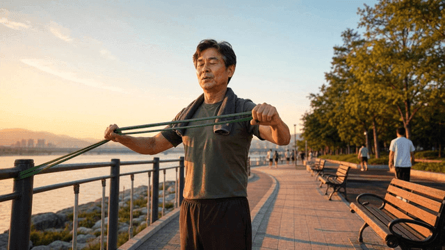 Middle-aged man exercising with resistance bands by river