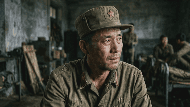 North Korean soldiers in worn-out uniforms in barracks