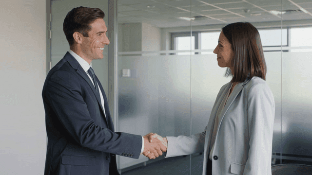 Two colleagues smiling and shaking hands in office
