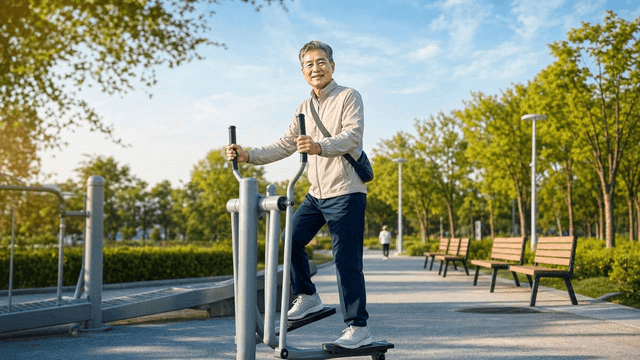 Elderly man exercising on skywalker in park