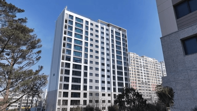 맑은 하늘 아래 나무와 현대적인 건물