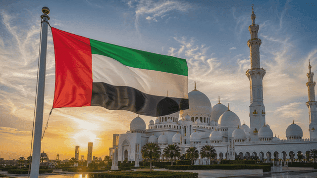 UAE flag and mosque at sunset