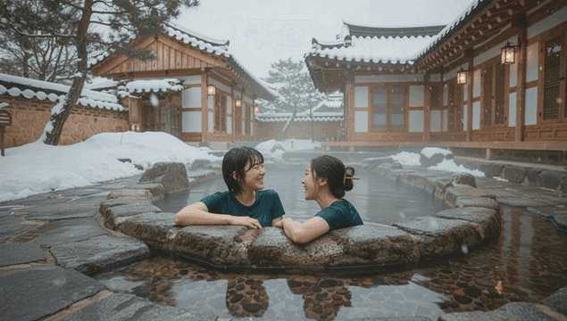 겨울 온천을 즐기는 두 여성